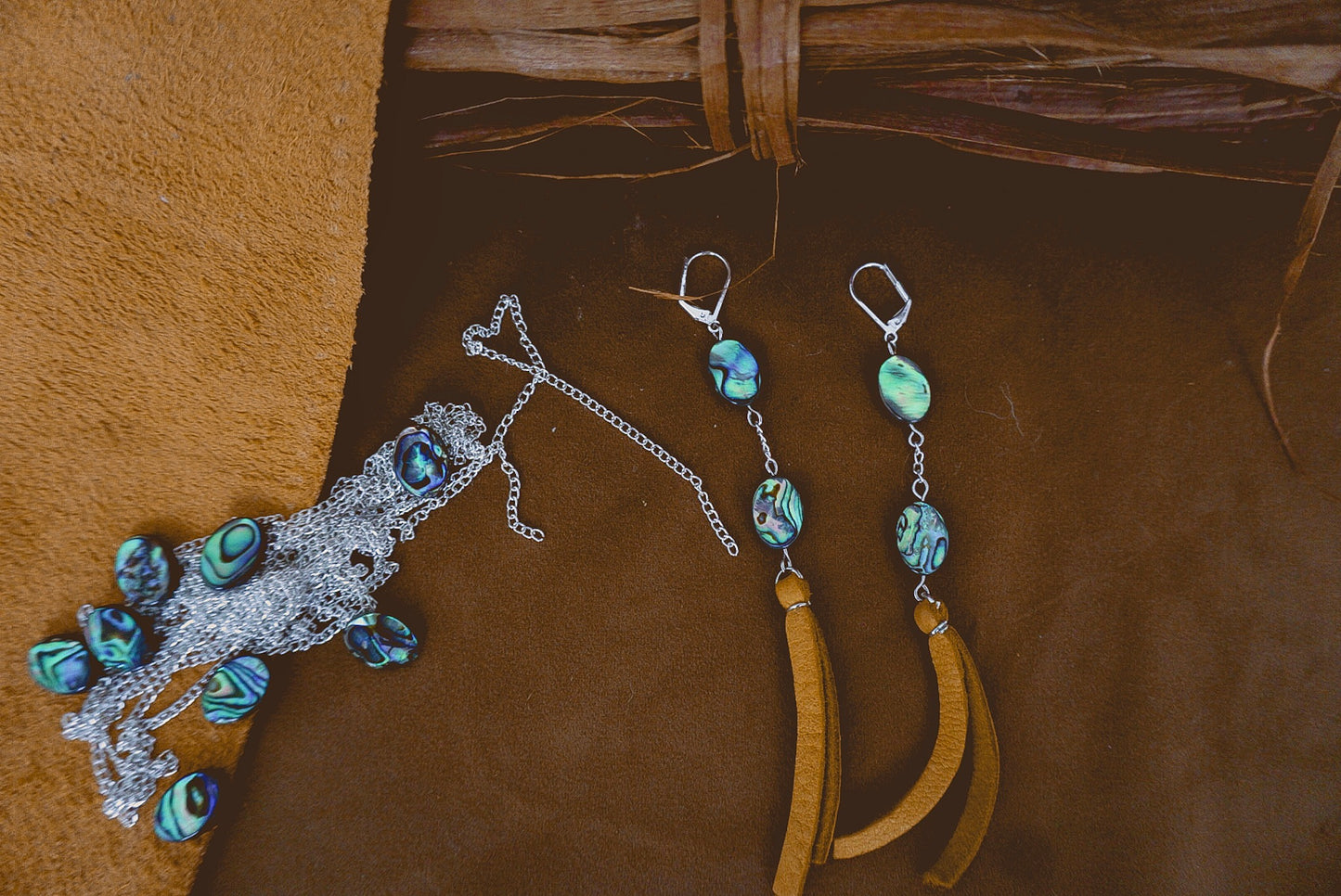 shoreline treasures- Abalone and leather earrings with hints of silver