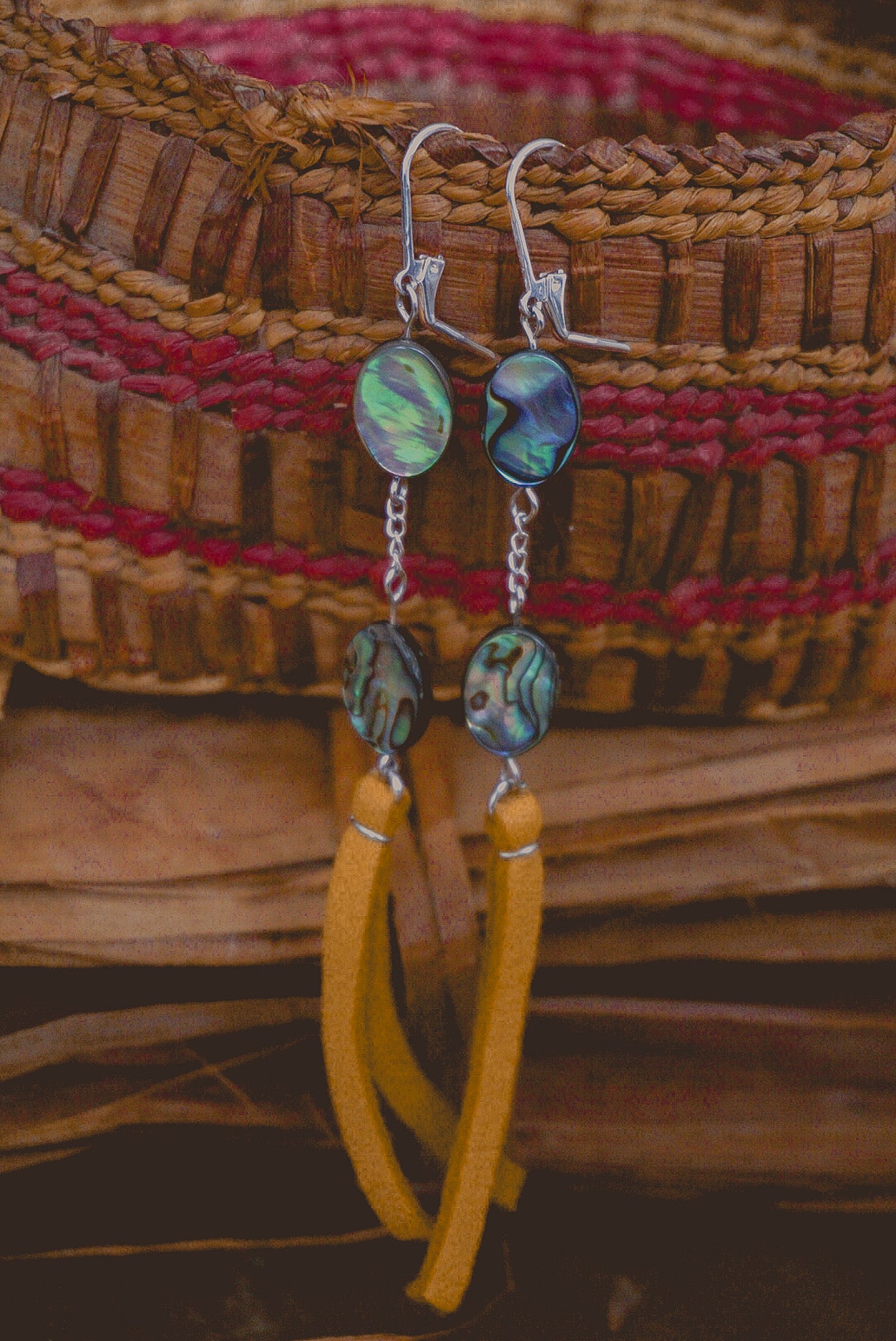 shoreline treasures- Abalone and leather earrings with hints of silver