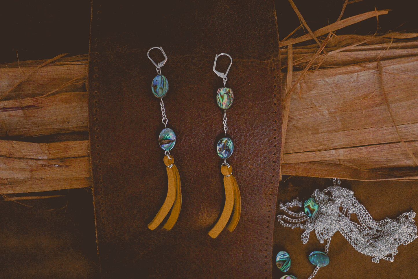shoreline treasures- Abalone and leather earrings with hints of silver
